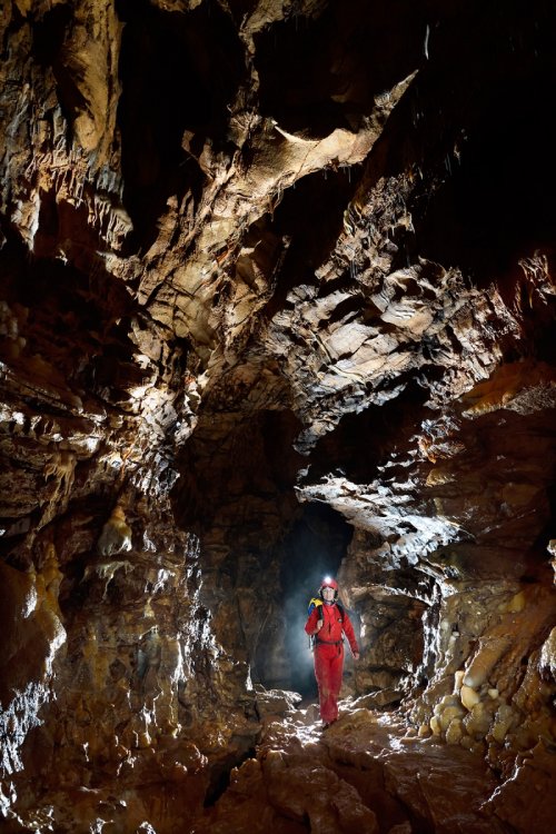 La Combe aux Prêtres - Réseau nord : progression dans une galerie(SP-19-1993 )